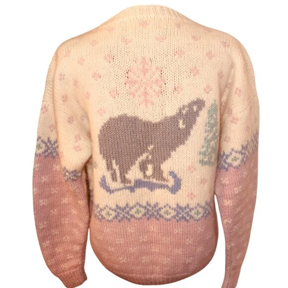 Vintage 90s Y2k Eddie Bauer Heavy Chunky Knit Wool Sweater Pastel Bear M Cottage - Picture 2 of 9